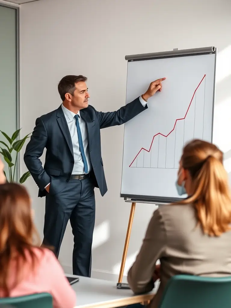 A professional business coach in a suit, smiling confidently while pointing at a growth chart during a coaching session with a UK-based business team.