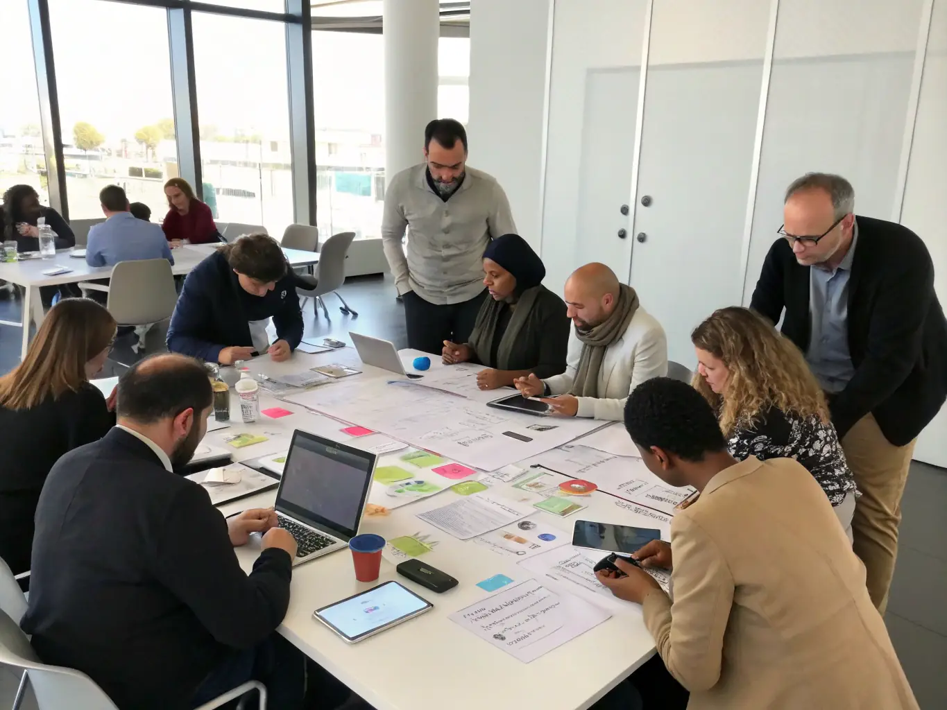 A team workshop with interactive activities aimed at improving business processes, illustrating performance improvement programmes.