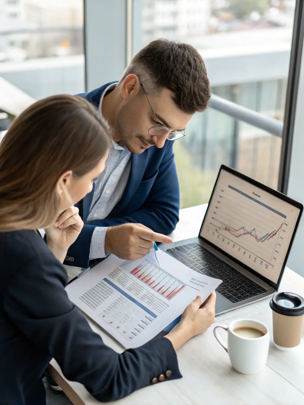A consultant reviewing performance data with a business owner, identifying areas for improvement and discussing strategies to boost productivity and efficiency.