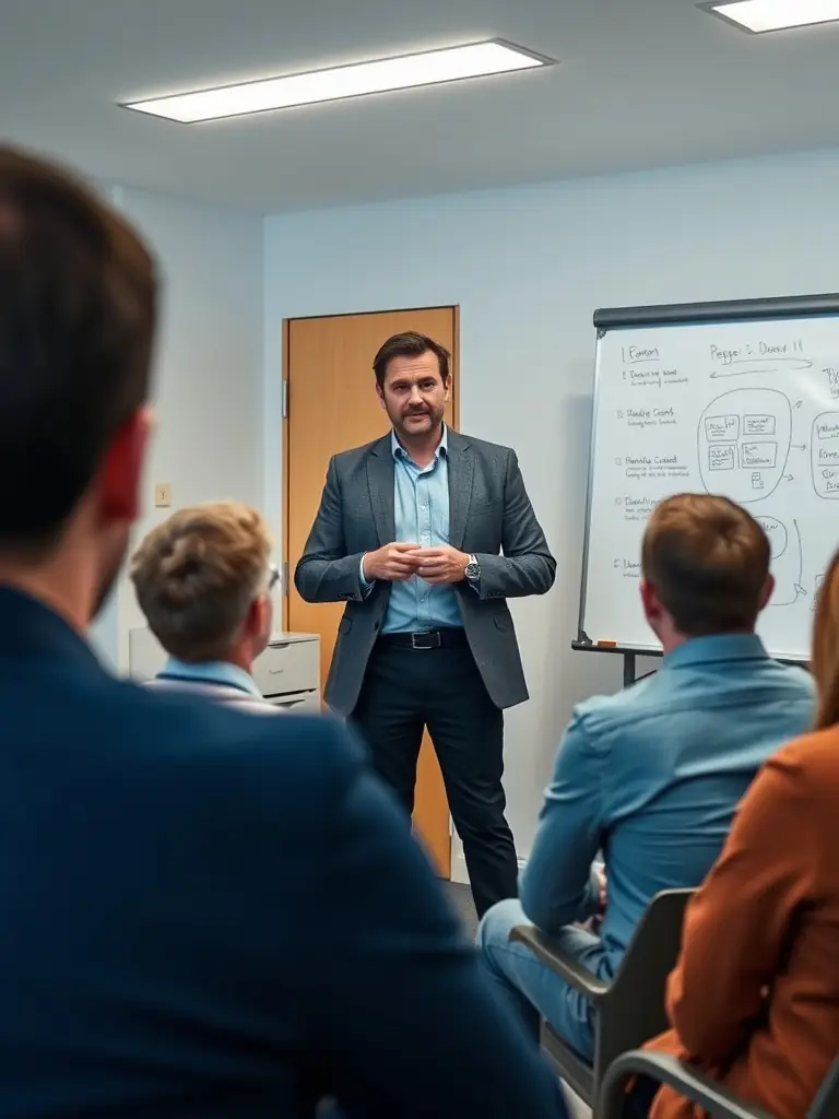 A coach facilitating a brainstorming session with a team, generating innovative ideas and solutions for business challenges in a collaborative environment.