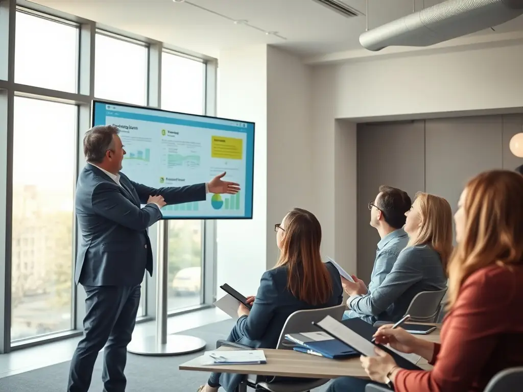 An image of a business coach presenting a strategic plan to a team in a modern office setting, symbolizing business strategy development.