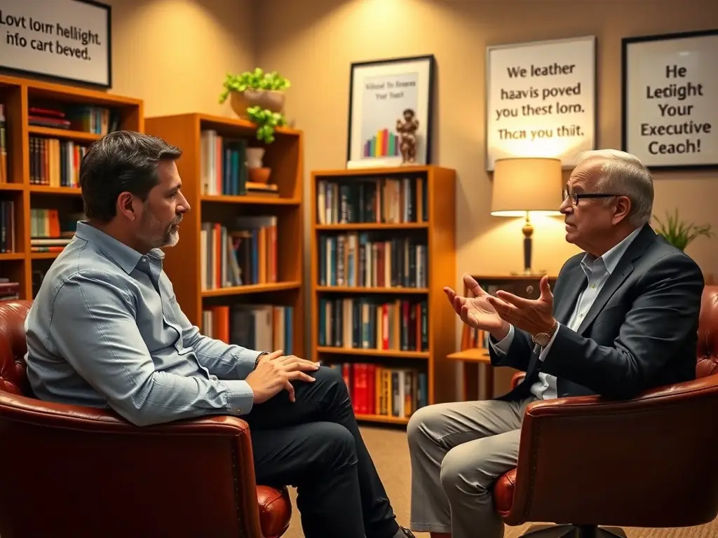 A coach mentoring a senior executive during a one-on-one session in a professional office environment, representing leadership and executive coaching.